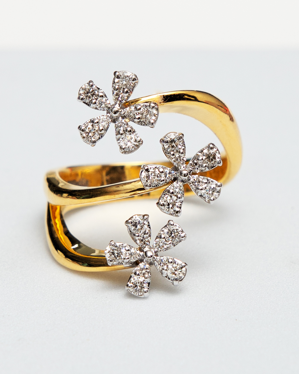 3 Flower Diamond Ring in 14k Yellow Gold 3