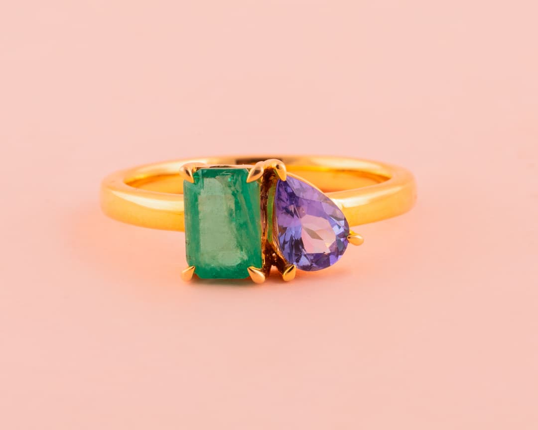 2 Stone Tanzanite Emerald Ring in 14k Yellow Gold