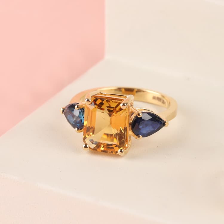 Yellow Topaz-Blue Sapphire Ring in 14k Yellow Gold