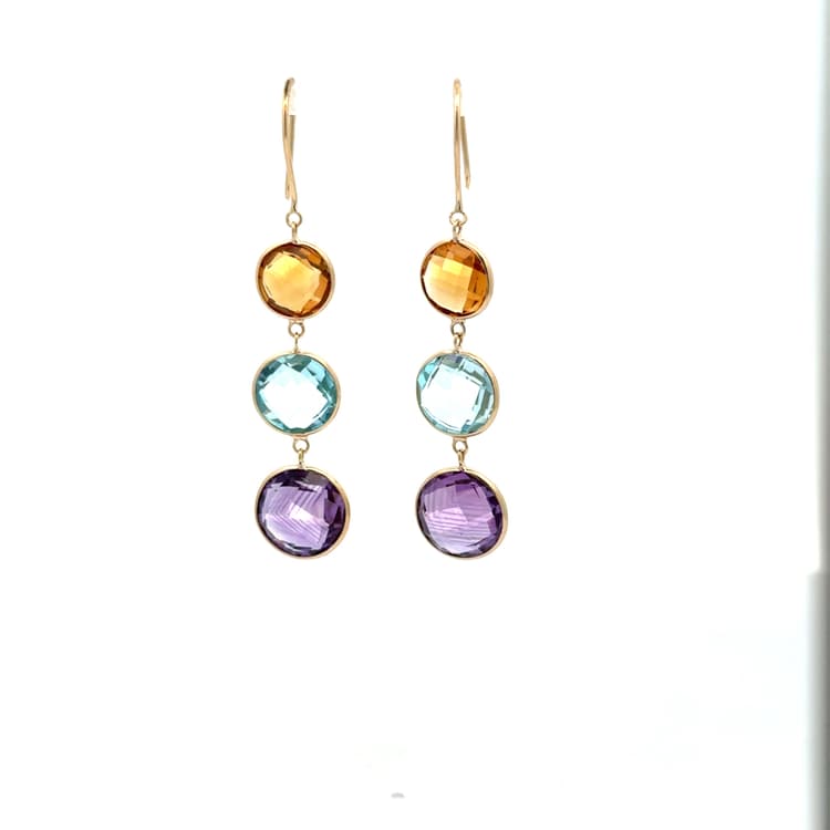 Citrine-Blue Topaz-Amethyst Earring in 14k Yellow Gold